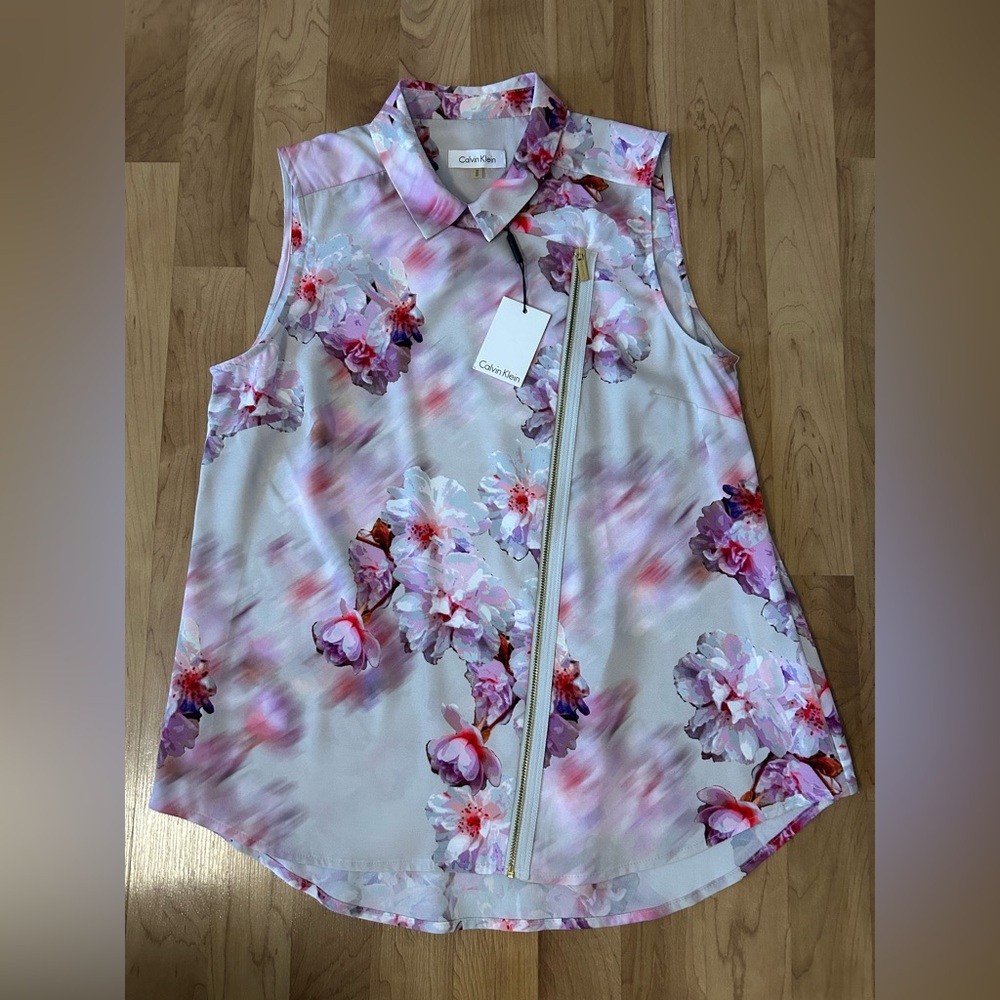 Calvin Klein Floral Zip-Front Blouse - Pink and Purple